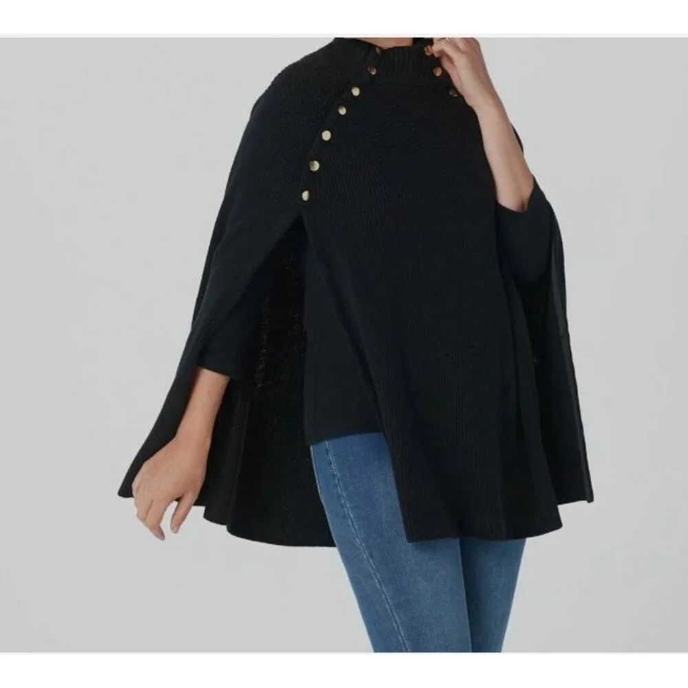 G.I.L.I. Got It Love It Sweater Cape Poncho Gold Button Navy Blue Knit Size XS/S - Picture 2 of 11